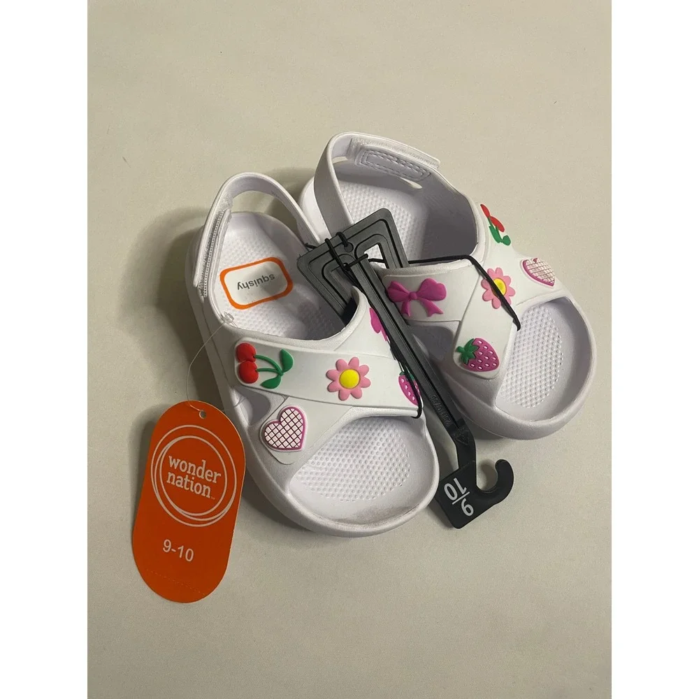 Wonder Nation Toddler Girls White EVA Squishy Sandals Charms 9-10 NWT